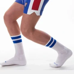 CHAUSSETTES HAUTES GYM BLANCHE ET BLEU ROYAL - BARCODE