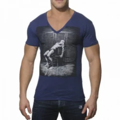 ES TS049 T-SHIRT FANTAISIE COL V COTON MARINE