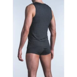 T-SHIRT MICROFIBRE SANS MANCHES A RAYURES NOIR/GRIS RED 1422 TANKTOP - OLAF BENZ