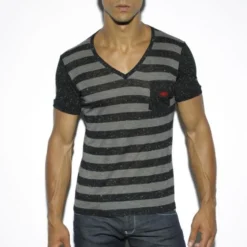 T-SHIRT STRIPES NOIR COL V EN VISCOSE TS189 - ES COLLECTION